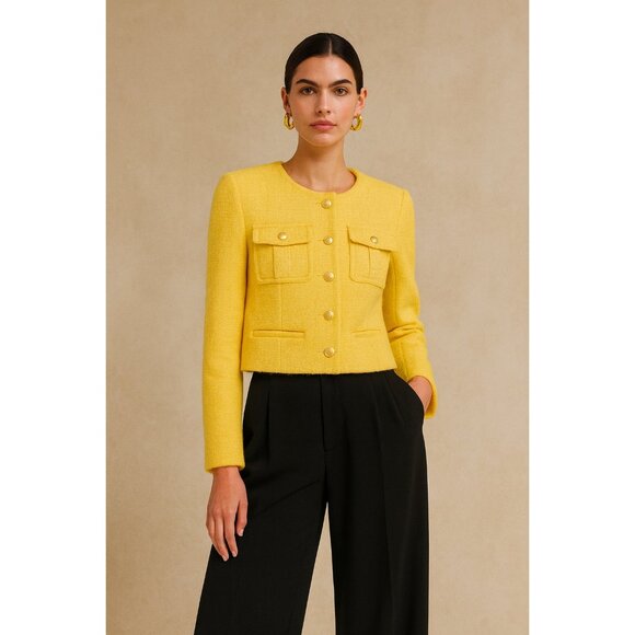 J.Crew Yellow Tweed Cropped Jacket 18 Women Classic Chanel Style Button Front - Picture 2 of 15